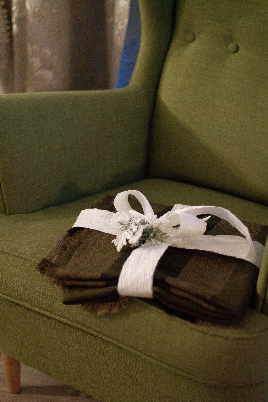 gift, christmas, armchair, scarf, rug, plaid
